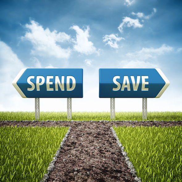 Signs reading "spend" and "save," each pointing in an opposite direction.