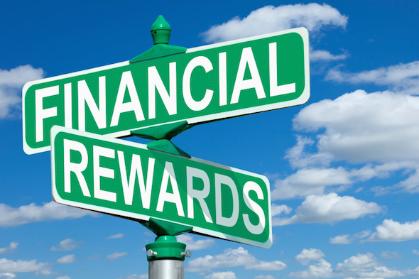 Street signs reading "financial rewards."