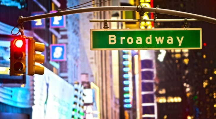Closeup of a street sign that indicates Broadway in NYC.