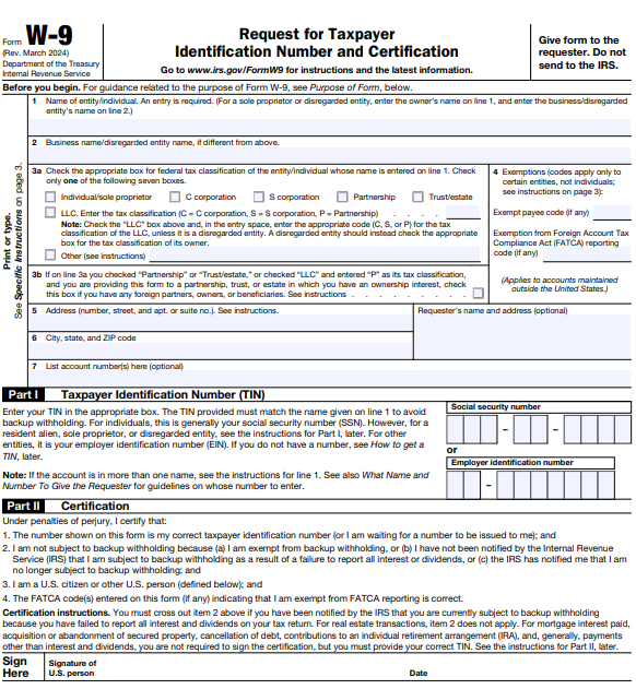 The first page of the W-9 Form from 2024.