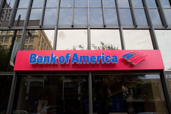 Closeup of a Bank of America branch.