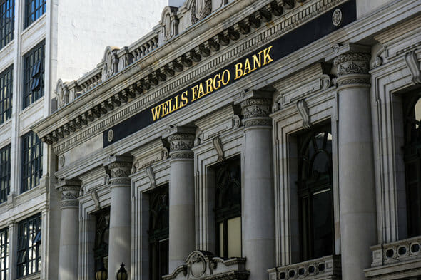 Closeup of Wells Fargo Bank.