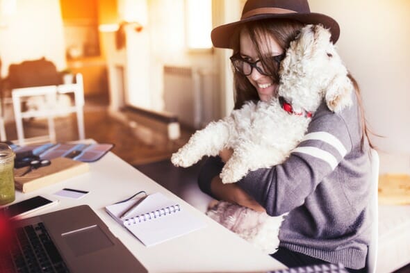 A woman holds her dog while reviewing her checking account.