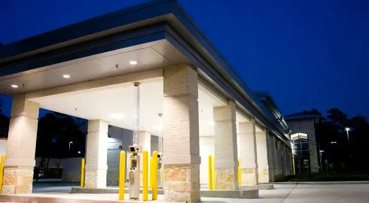 Close-up of the drive-thru at a bank.