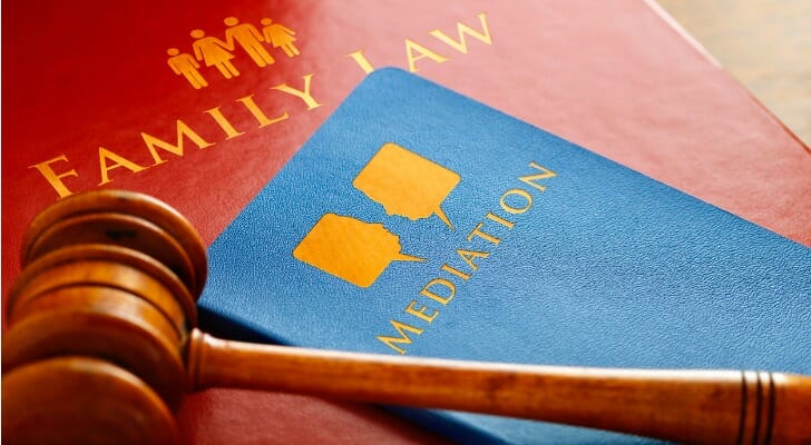 A court gavel resting on top of family law and mediation books.