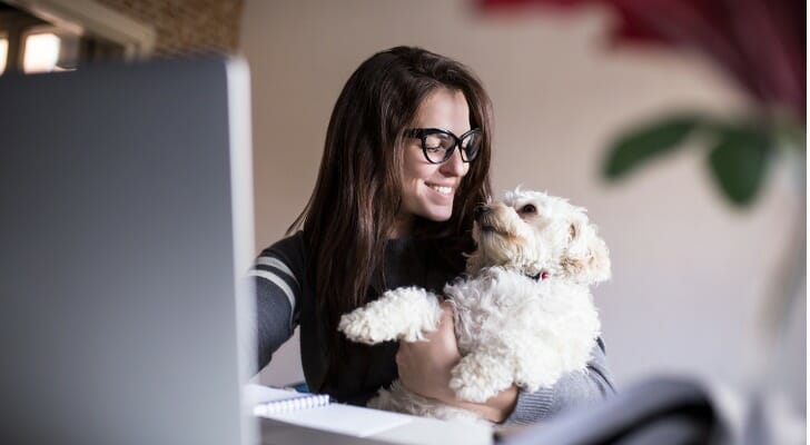 A woman holding her pet while reviewing her finances.
