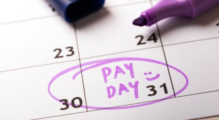Closeup of a calendar with the end-of-the-month payday circled on the 31st.