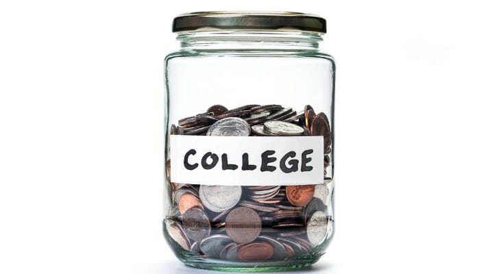 A jar of change labeled "college."