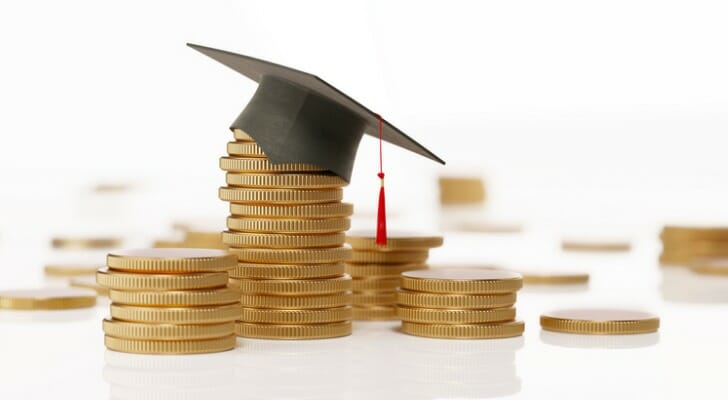 A graduation cap on top of a stack of gold coins.