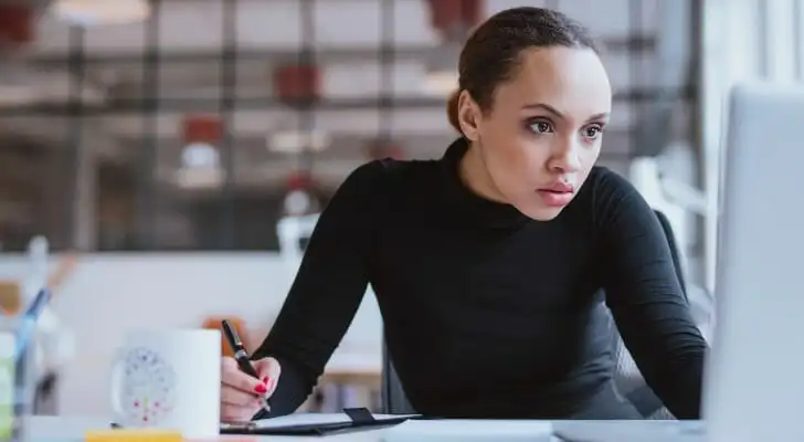 A woman reviews how to get her bank statement.