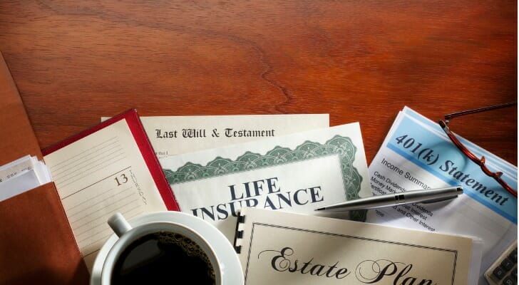 A collection of estate planning and trust documentation, including an estate plan, last will and testament, and life insurance.