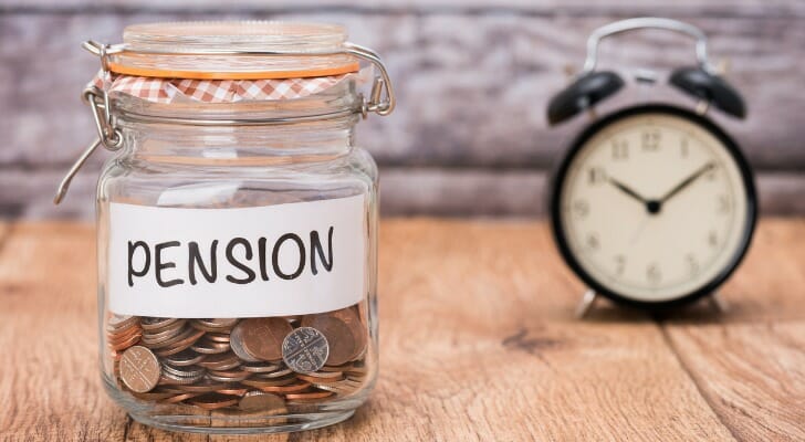 Jar of change marked "PENSION" with a clock.