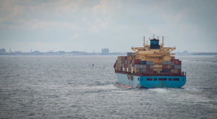 A container ship making its way to a port.