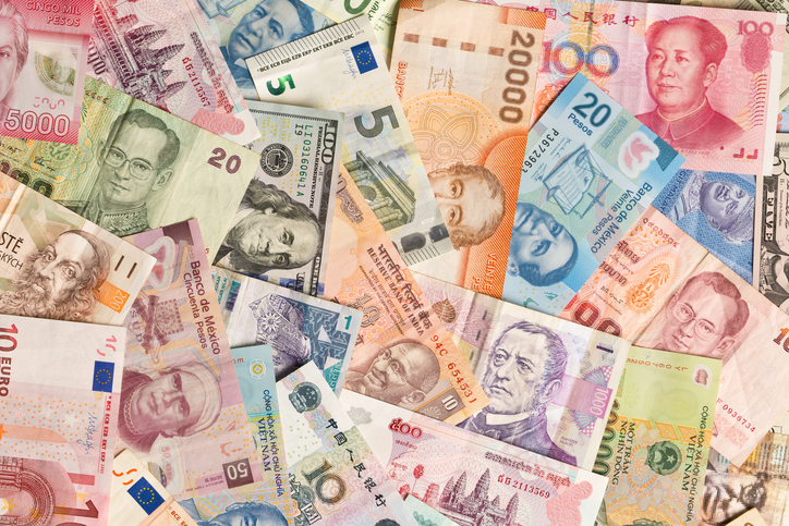 A collection of international currency.