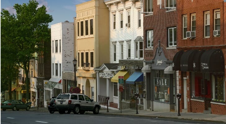 A view of Greenwich Avenue in Greenwich, CT, often referred to as the Beverly Hills of Connecticut with it's many stylish shops