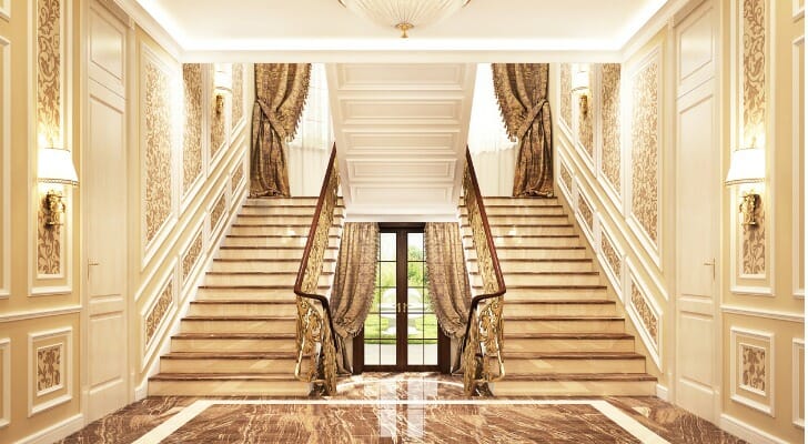 A double staircase in the home of a family in the top 1%.