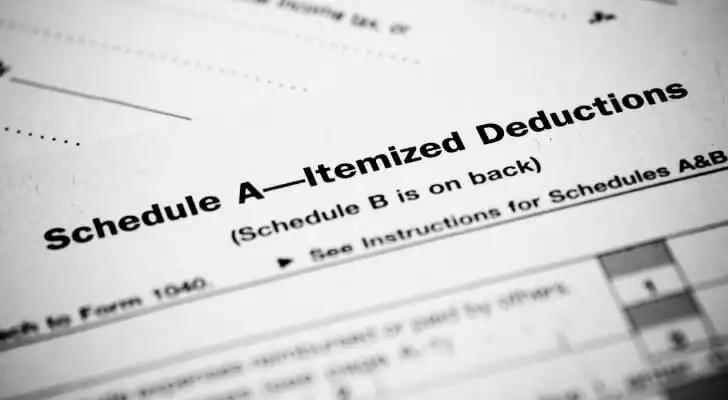 Closeup of Schedule A for itemizing deductions on tax Form 1040.