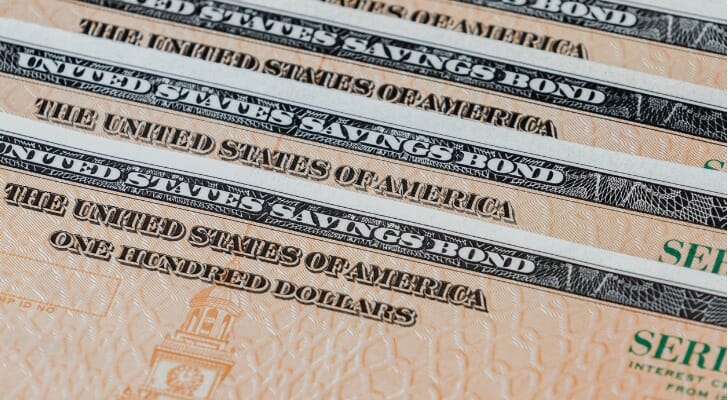 Closeup of U.S. savings bonds.