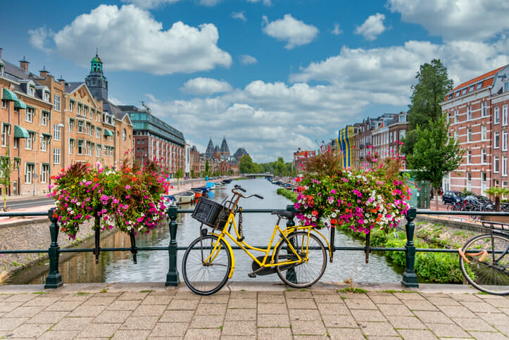 A bike on a canal lined with flowers in the Netherlands.