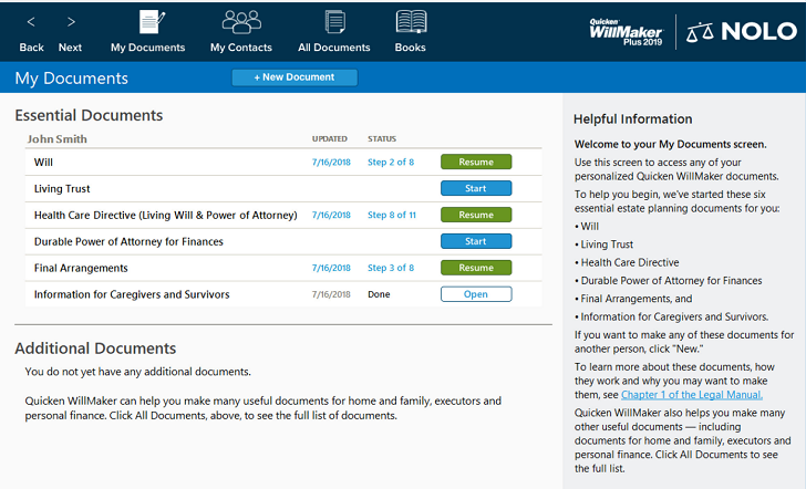 An image of the user interface for Quicken WillMaker & Trust.