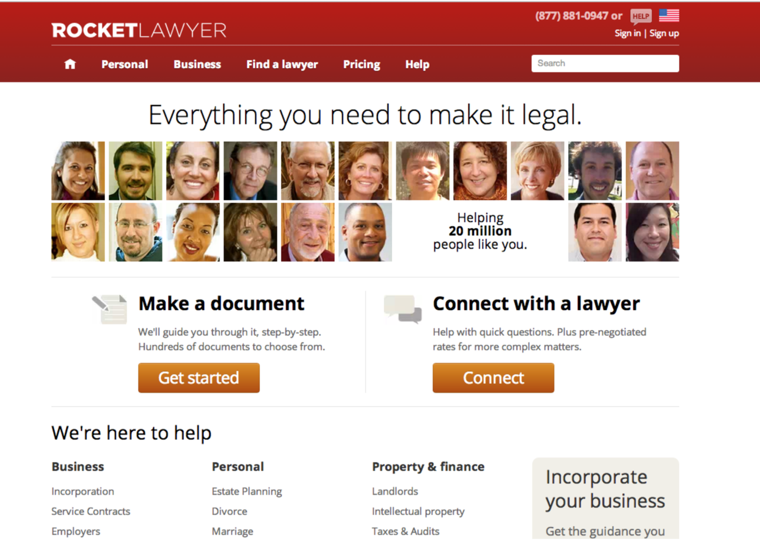 An image of the Rocket Lawyer home page.