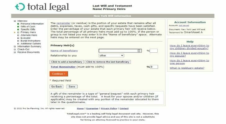 Images shows a screenshot of the TotalLegal website last will and testament questionnaire form. SmartAsset reviewed TotalLegal to see how it stacked up against other estate planning websites.