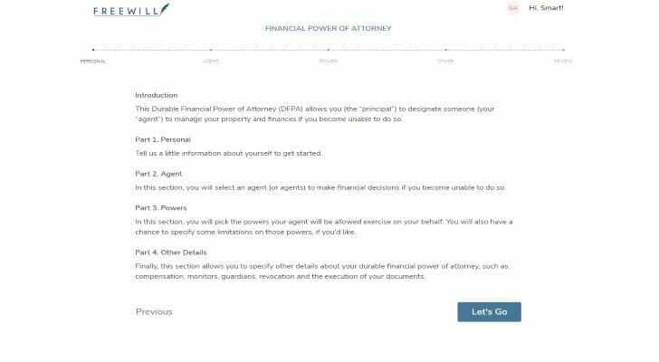 Image shows a screenshot of FreeWill's interface for a financial power of attorney form.