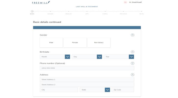 Image shows a screenshot of FreeWill's user interface for a last will and testament form.