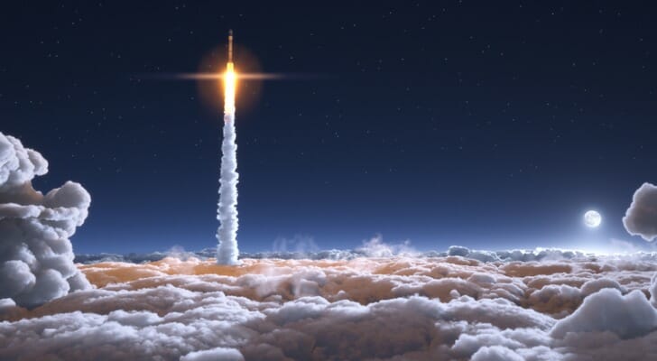 A rocket soaring up.