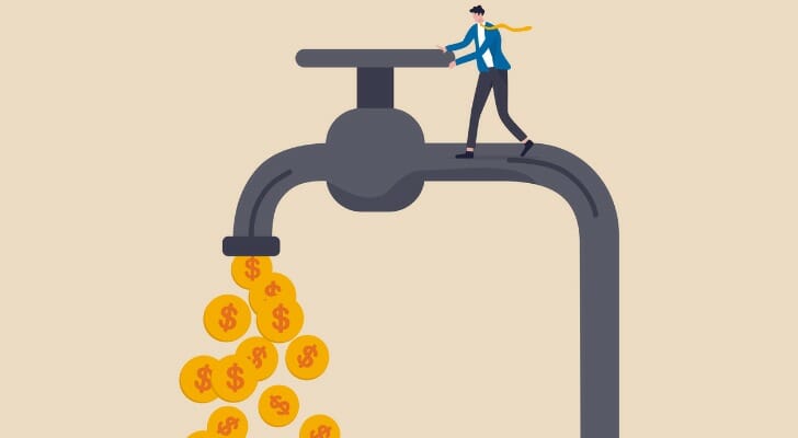 Drawing of a spigot spewing money.