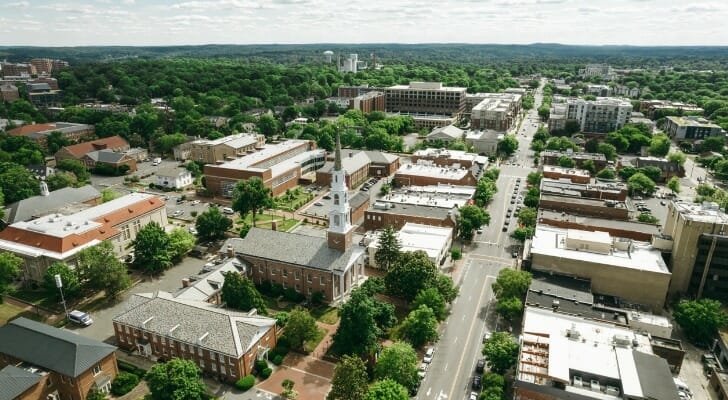 Image shows an aerial view of Chapel Hill, North Carolina, the most livable college town in America.