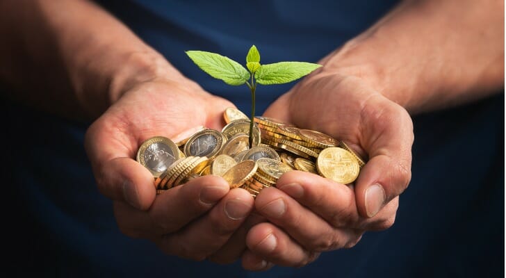 Pair of hands holding coins and a green shoot.