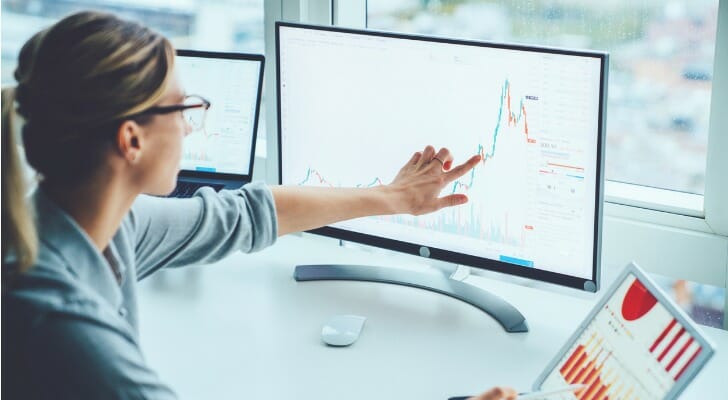 An investor studies a chart on her computer. A Natixis Investment Managers survey of 500 institutional investors around the world identified the sectors and classes expected to post the biggest gains in 2022.