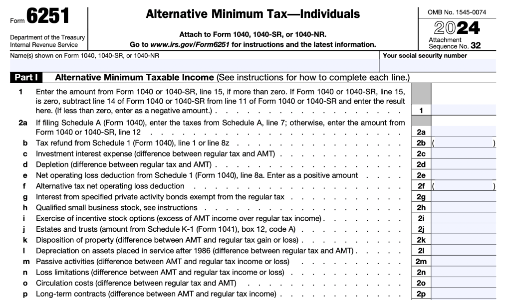 Screen shot of the 2024 tax year IRS Form 6251, which you file in 2025.