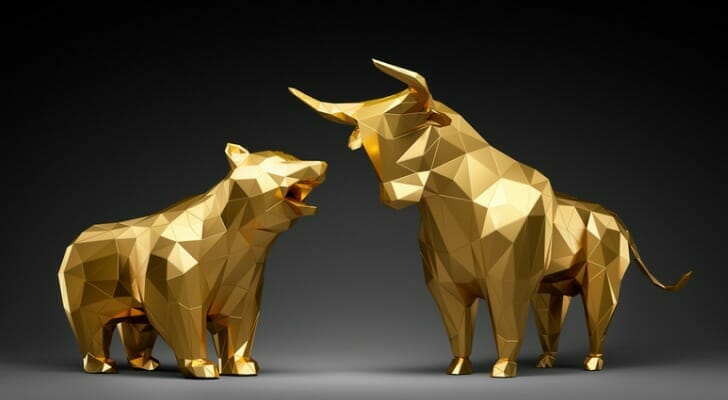 Gold bull and bear statues.