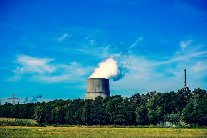 An image of a cooling tower at a nuclear power plant facility.