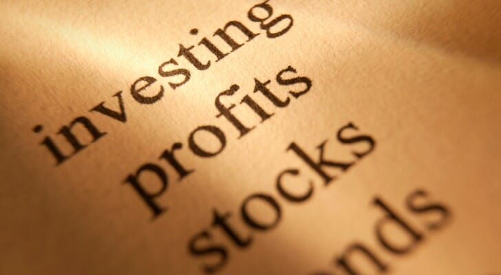 Text reading "investing, profits, stocks, bonds."