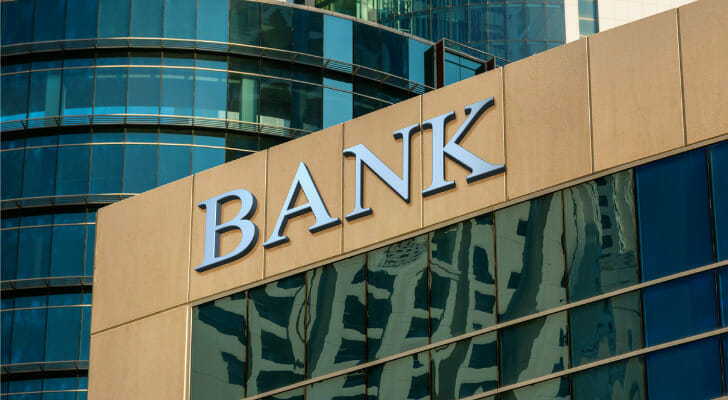A building with the word "bank" on the front.