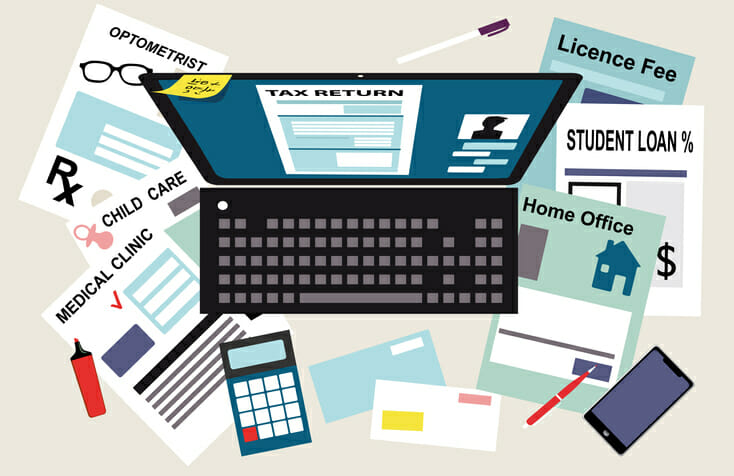 Illustration of a tax return on a laptop computer.