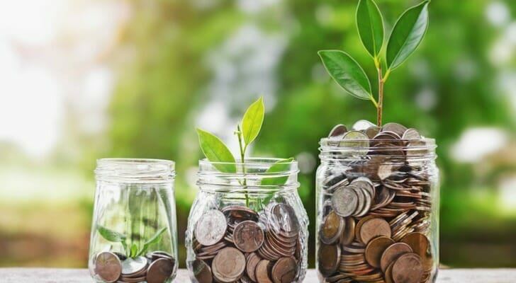 Jars with an increasing amount of coins, and plants sprouting from them.