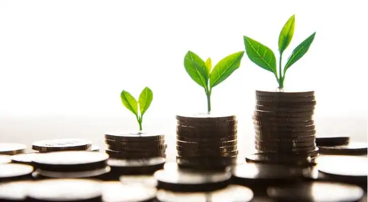 Seedlings sprouting from ever taller stacks of coins.