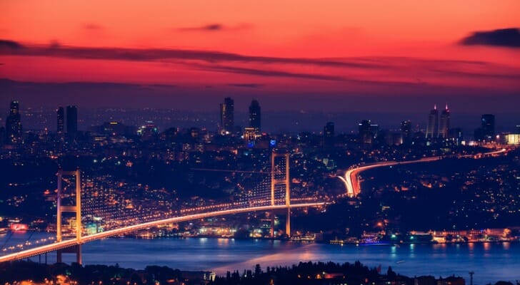 An image of the city of Istanbul at night.
