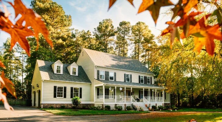 Closeup of a colonial style house.