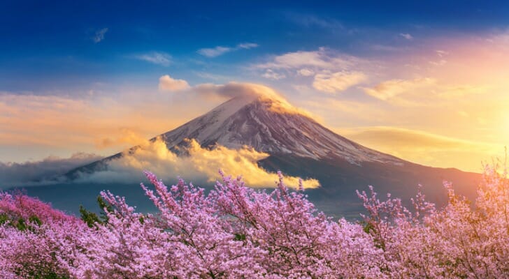 View of Fuji mountain and cherry blossoms in spring, Japan.