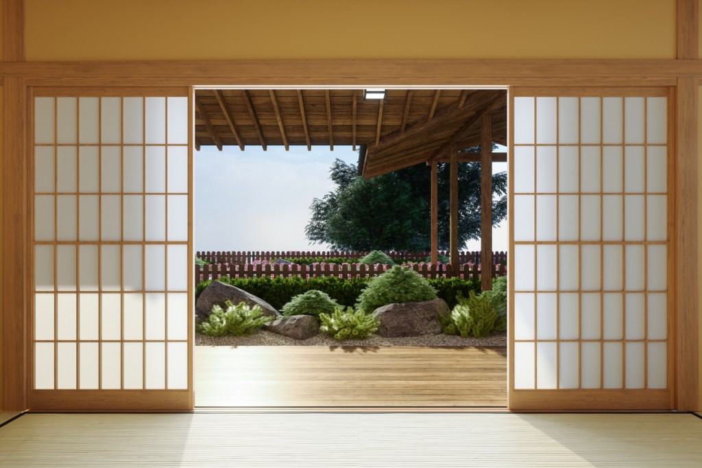 Japanese style empty room interior with garden view background.