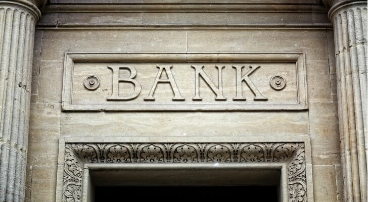 Closeup of a bank entrance.