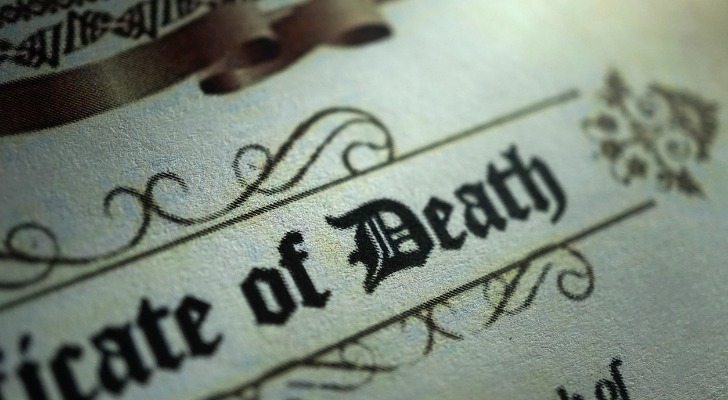 Closeup of a certificate of death.