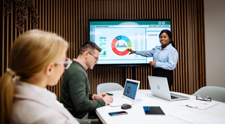 Woman showing how diversification a portfolio is performing.