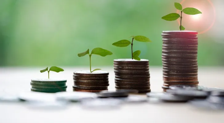 Coins growing as a metaphor for how you can receive a 10% return on investment (ROI) over time.