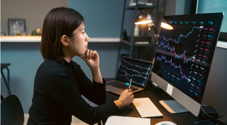 A contrarian investor surveys market activity on her computer to find potential investment opportunities.